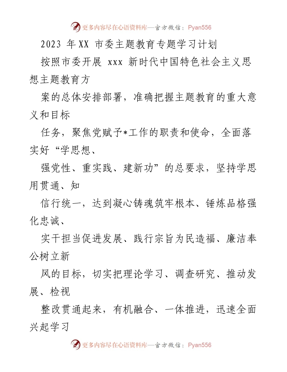 [发言] 市委主题教育会议 - 2023年XX市委主题教育专题学习计划解读.docx_第1页