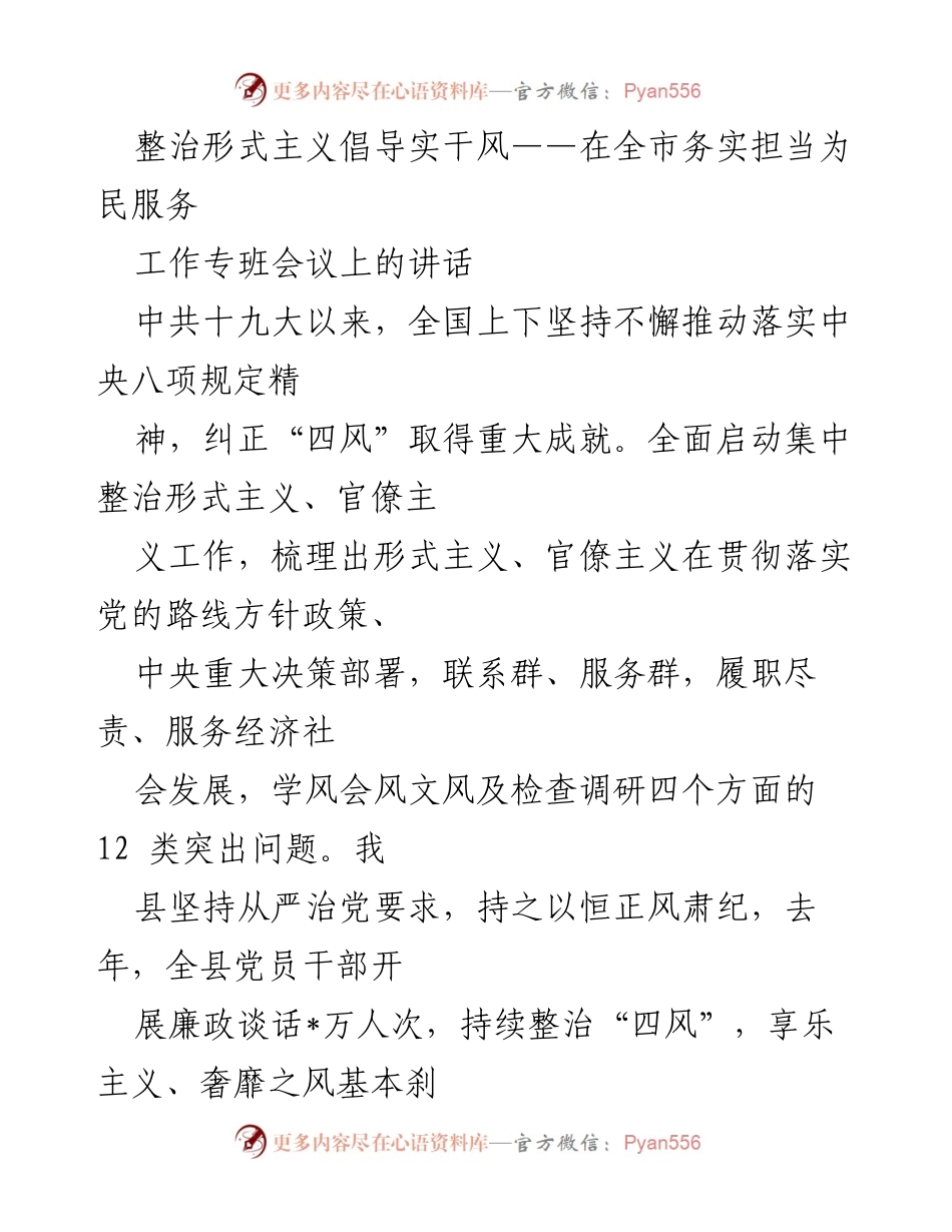 [发言] 工作专班会议 - 整治形式主义，倡导实干风，提升服务效能.docx_第1页