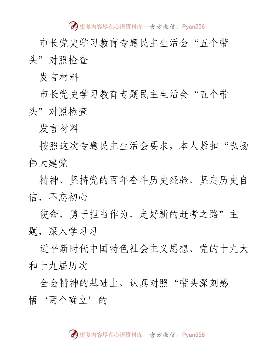[发言] 市长党史学习教育专题民主生活会 - 深刻检视自身问题，推动党史学习教育成果转化.docx_第1页