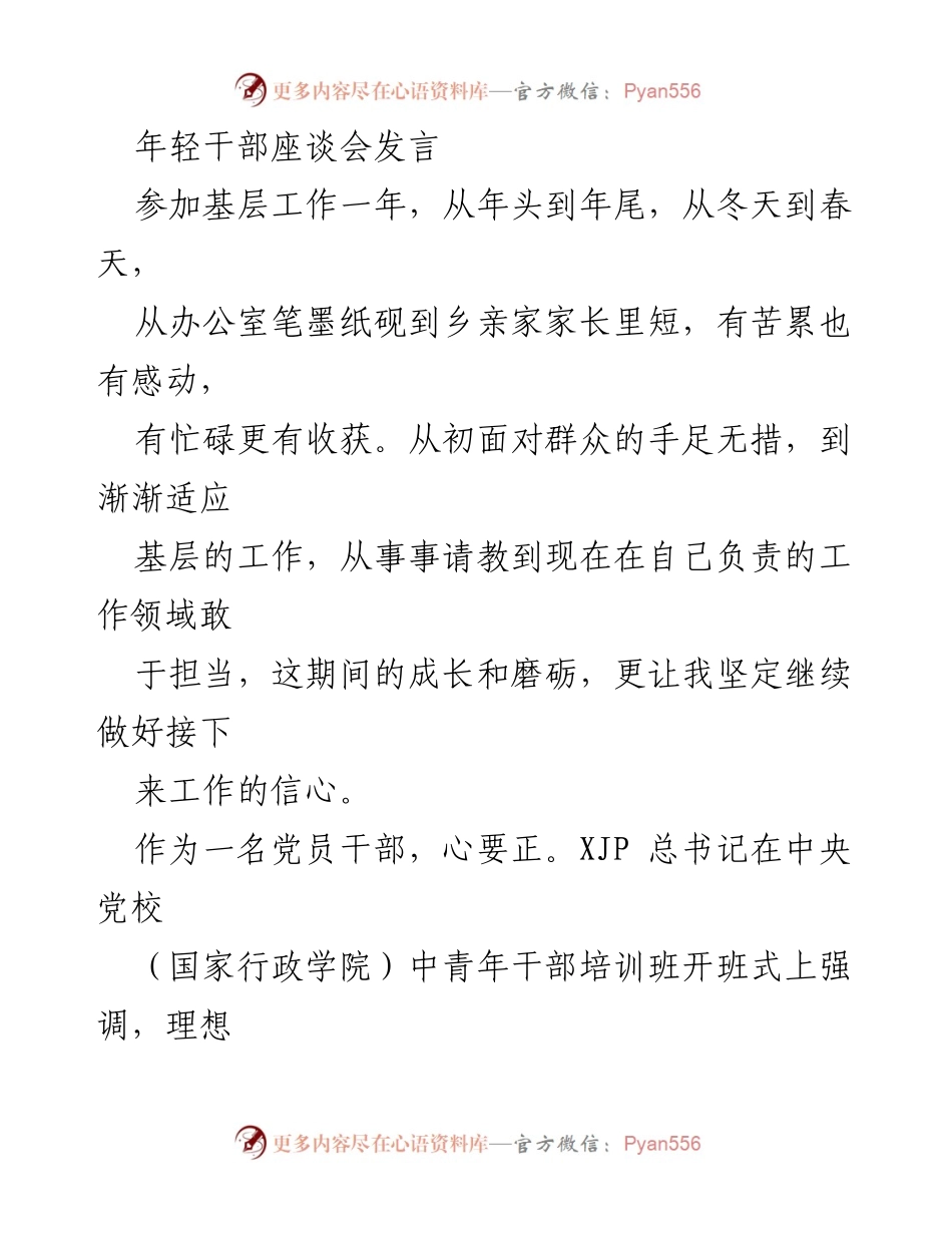 [发言] 年轻干部座谈会 - 坚定理想信念，勇于担当作为的年轻干部成长之路.docx_第1页