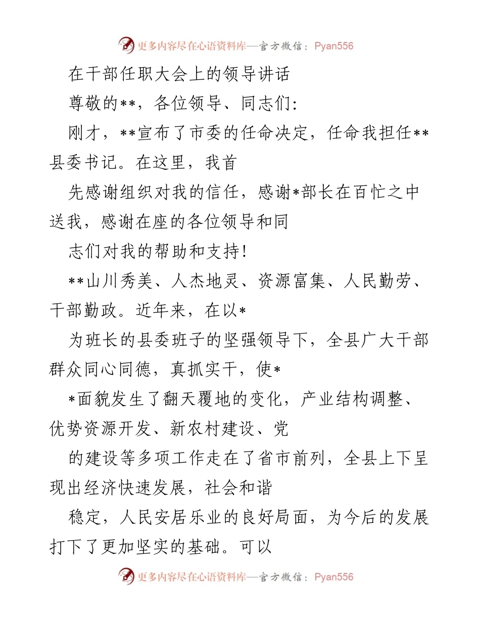 [发言] 干部任职大会 - 新任县委书记的任职表态与发展展望.docx_第1页