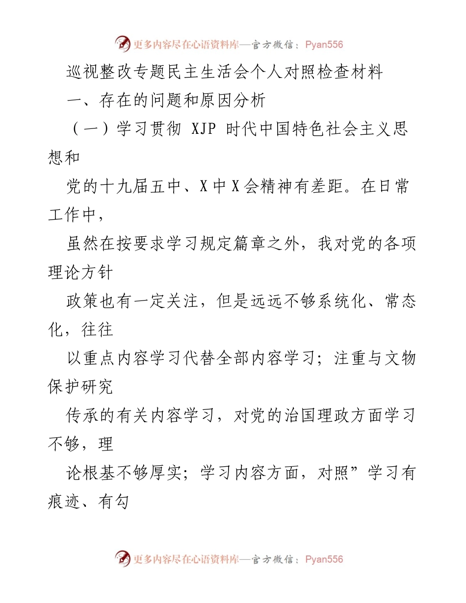 [发言] 巡视整改专题民主生活会 - 个人对照检查与整改措施分析.docx_第1页