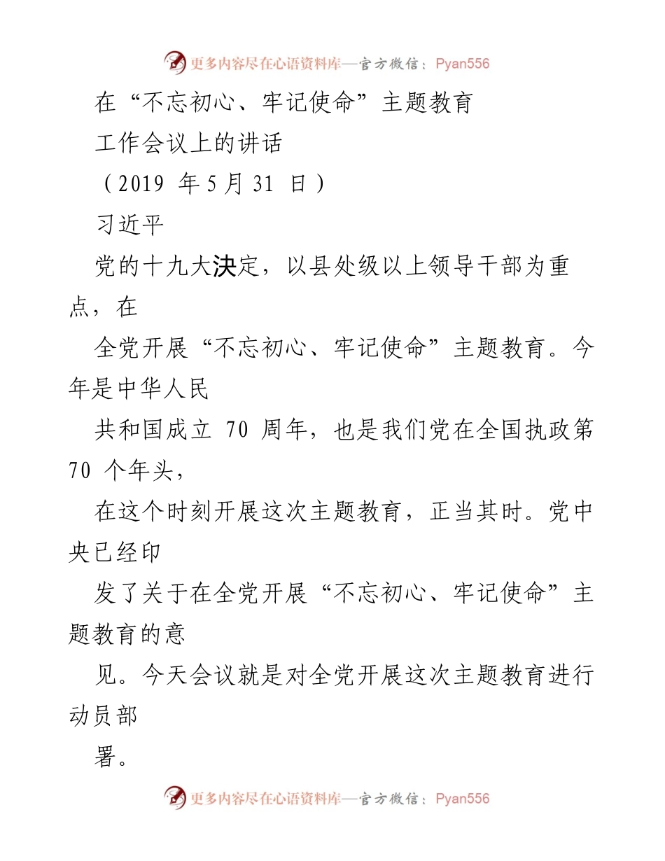 [发言] 工作会议 - 深入开展“不忘初心、牢记使命”主题教育的重要意义.docx_第1页