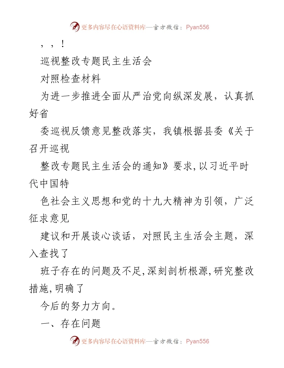 [发言] 巡视整改专题民主生活会对照检查材料总结.docx_第1页