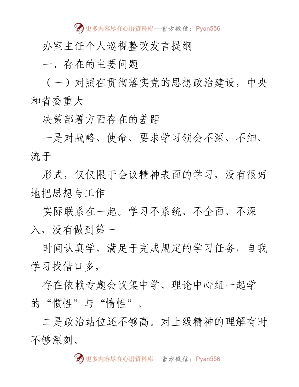 [发言] 巡视整改会议 - 办室主任个人巡视整改发言提纲.docx_第1页