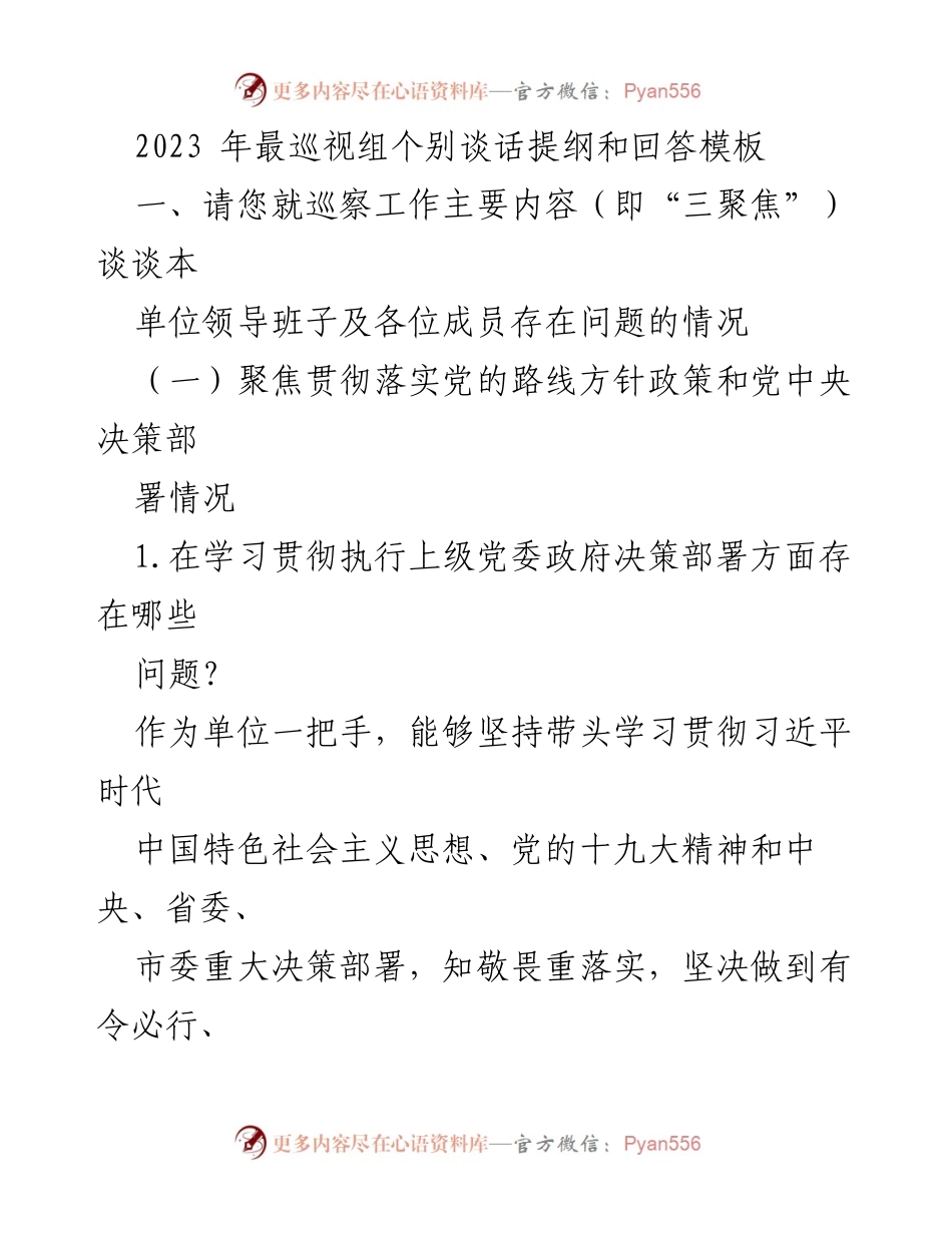 [发言] 巡视工作会议 - 2023年巡视组个别谈话提纲与问题分析.docx_第1页