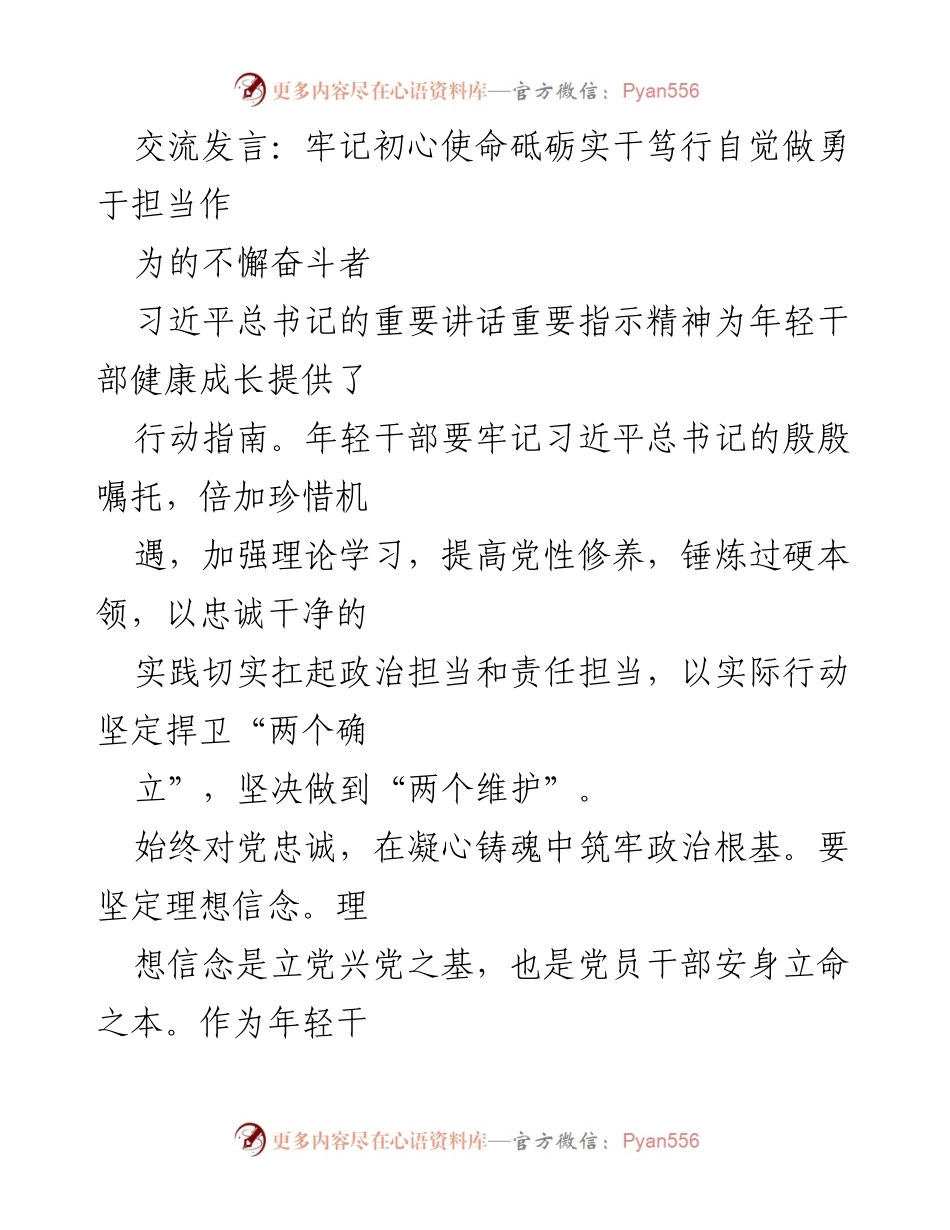 [发言] 年轻干部培训会议 - 牢记初心使命，勇于担当，砥砺实干.docx_第1页