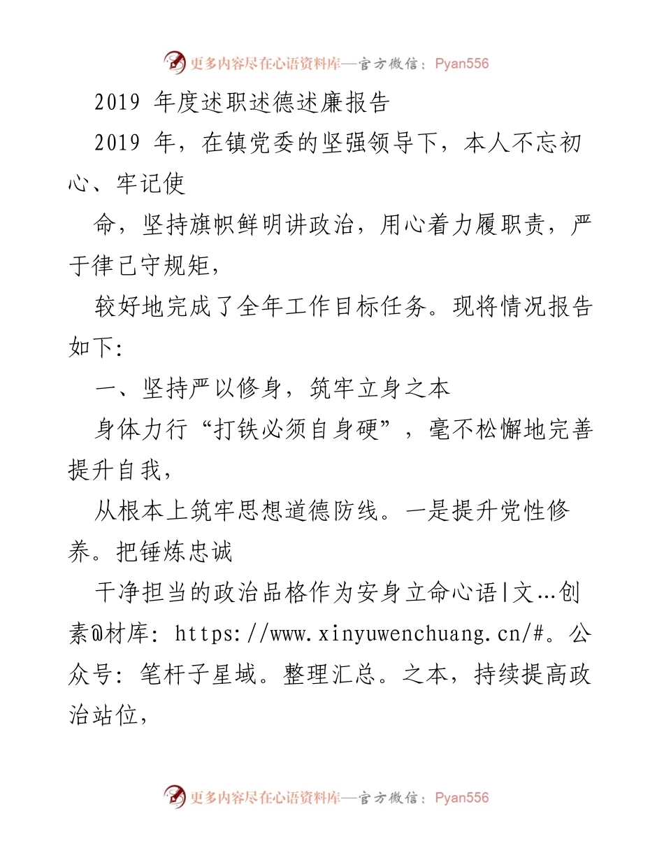 [发言] 年度述职 - 2019年度述职述德述廉报告总结.docx_第1页