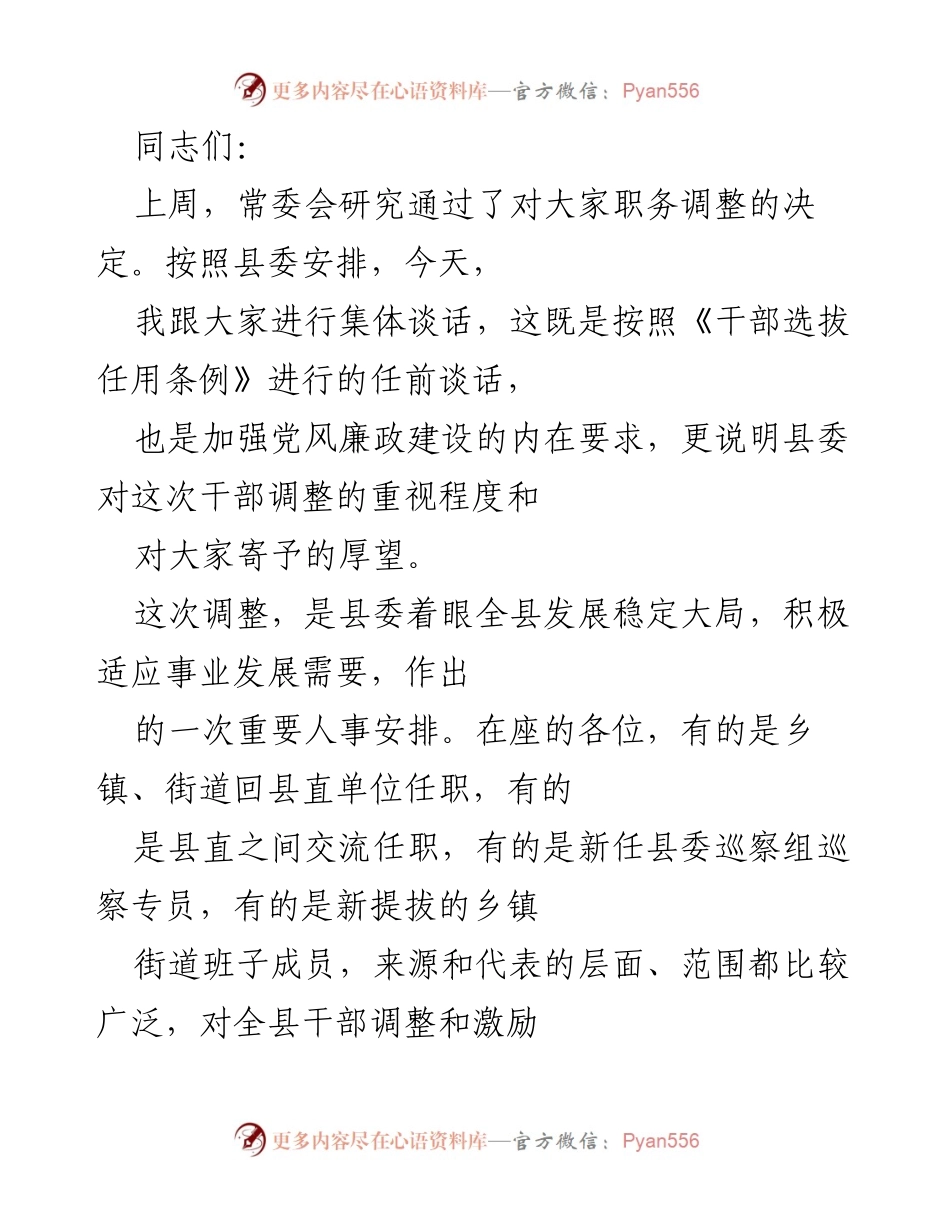 [发言] 干部任职调整会议 - 干部调整与期望的集体谈话.docx_第1页