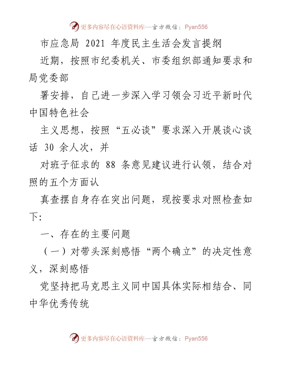 [发言] 市应急局 2021 年度民主生活会 - 深入学习习近平新时代中国特色社会主义思想，提升政治能力与实践指导.docx_第1页