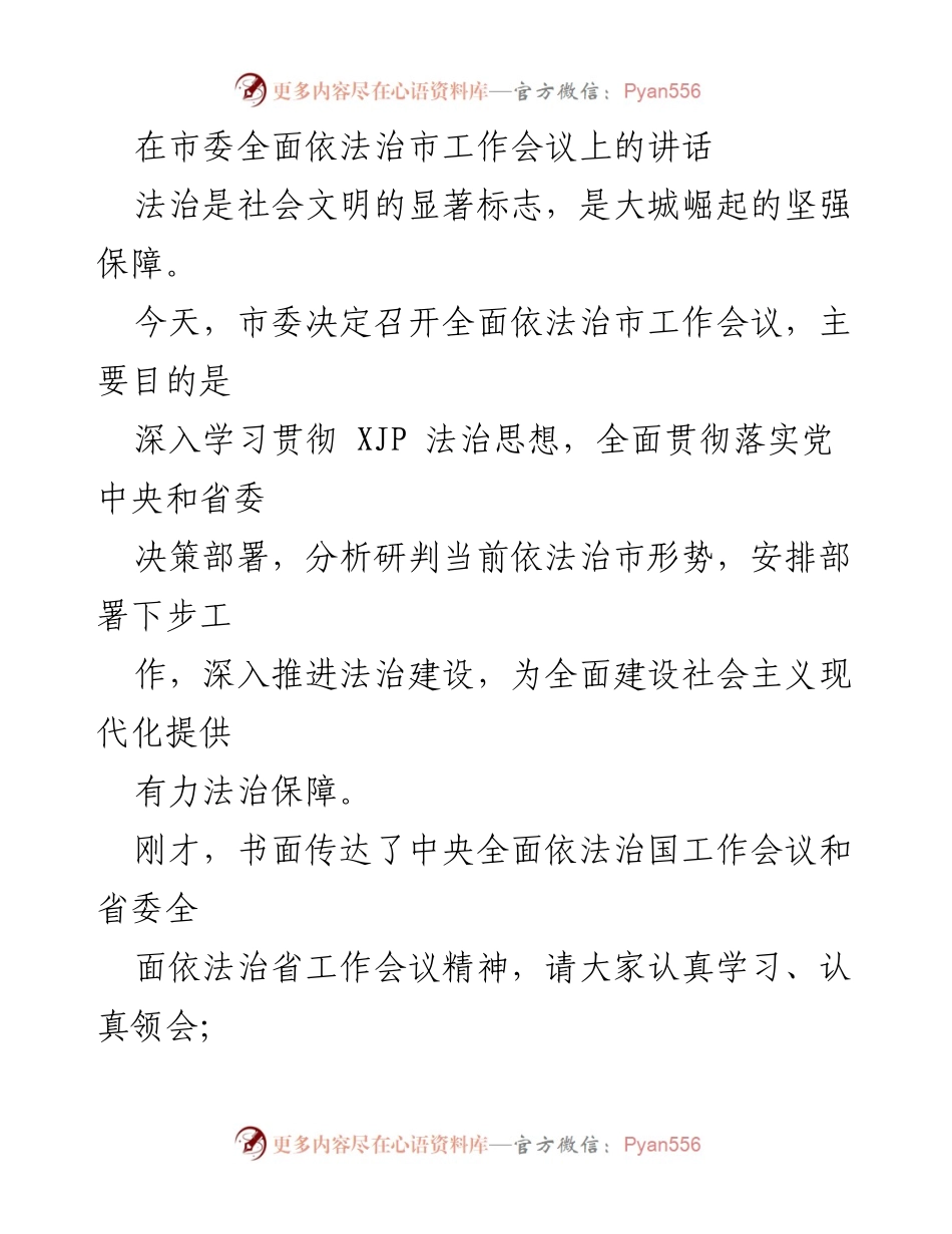 [发言] 市委全面依法治市工作会议 - 深入推进法治建设，为现代化提供保障.docx_第1页