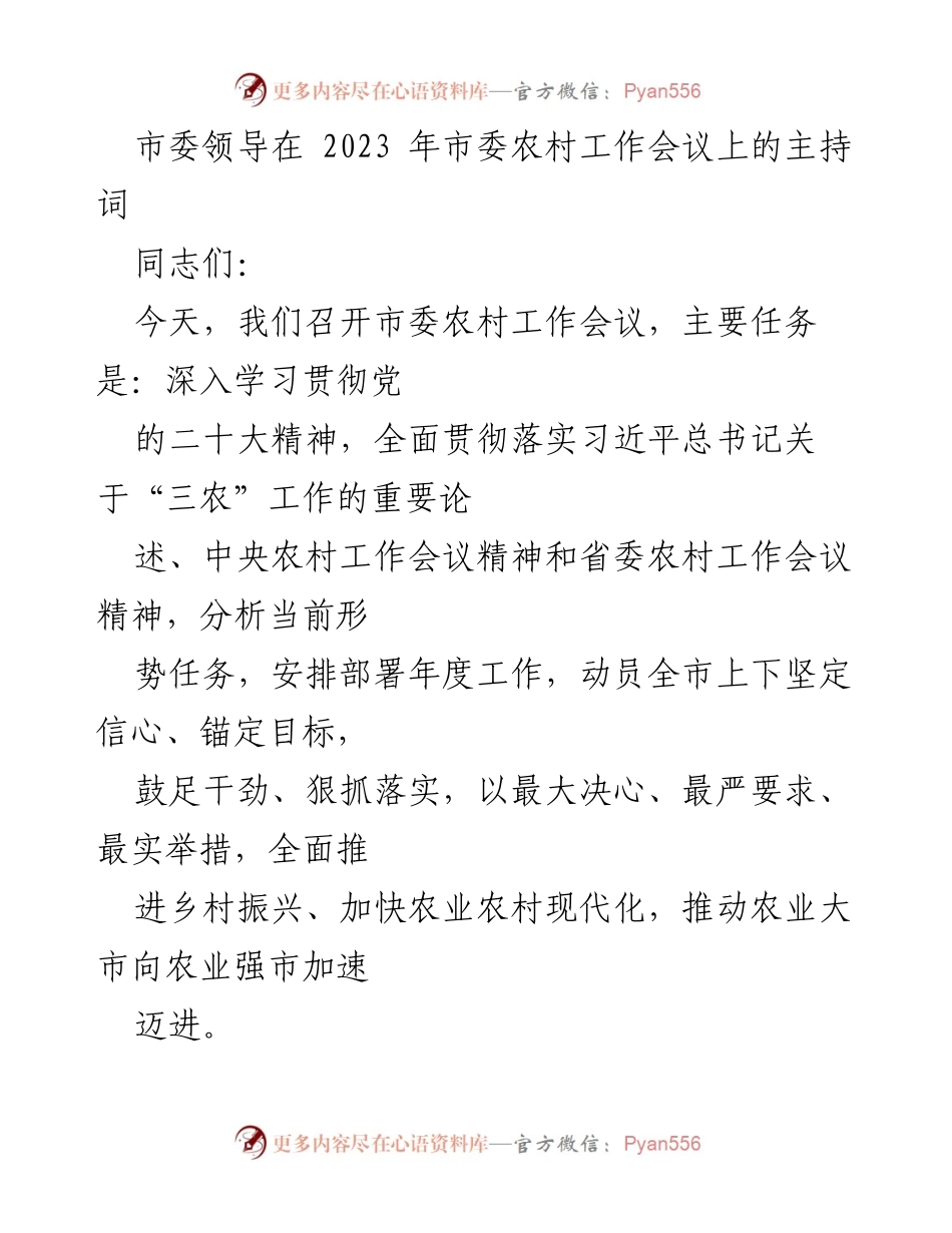 [发言] 市委农村工作会议 - 深入贯彻“三农”工作精神，推动乡村振兴与农业现代化.docx_第1页