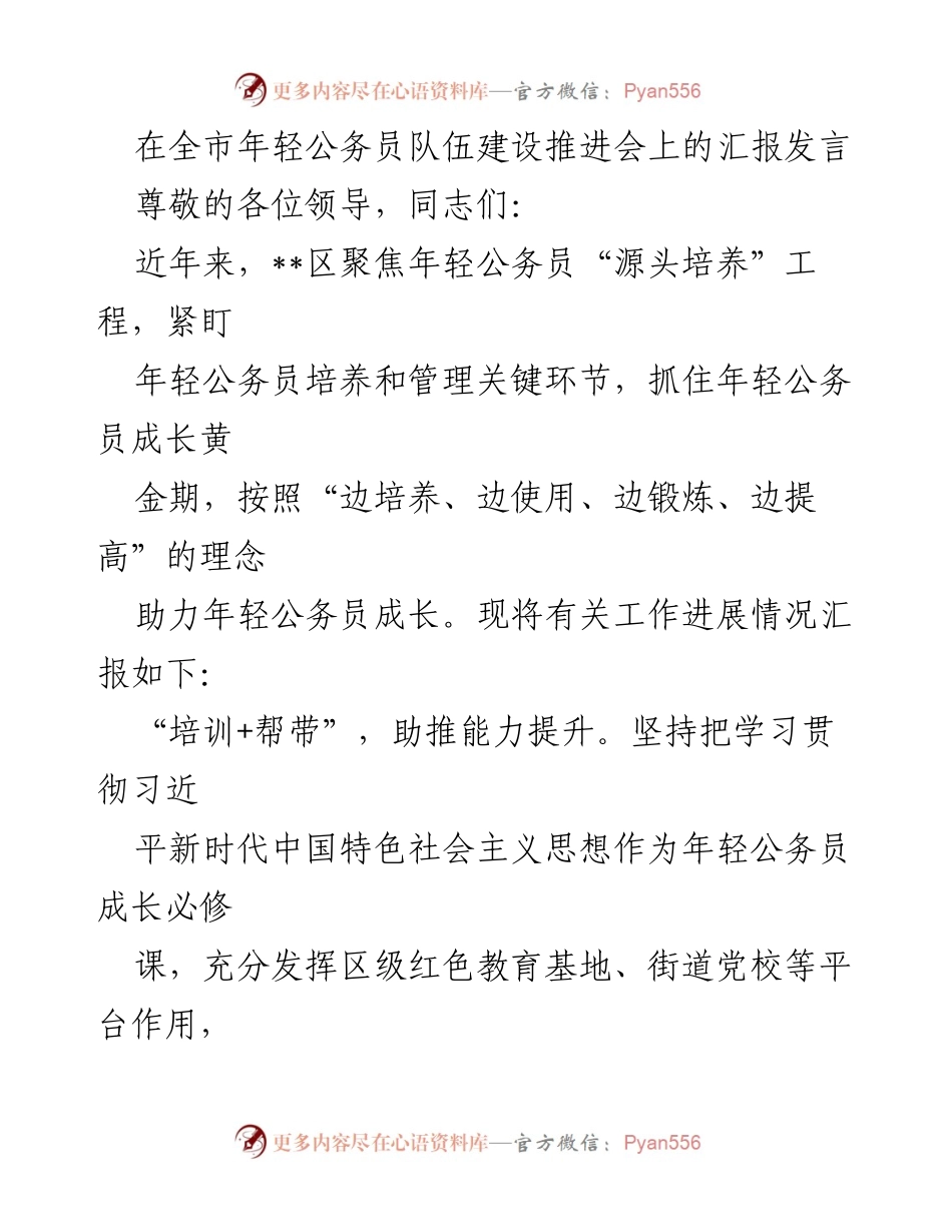 [发言] 年轻公务员队伍建设推进会 - 推动年轻公务员成长的有效措施与实践探索.docx_第1页
