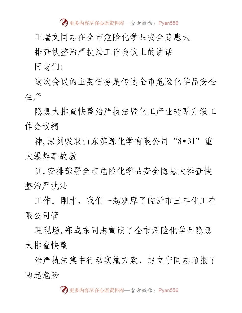 [发言] 工作会议 - 深刻吸取教训，全力推进危险化学品安全隐患整治.docx_第1页