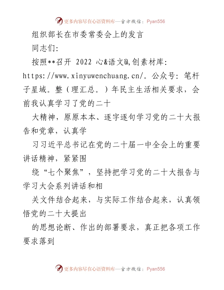 [发言] 市委常委会 - 深入学习贯彻党的二十大精神，推动全面从严治党.docx_第1页