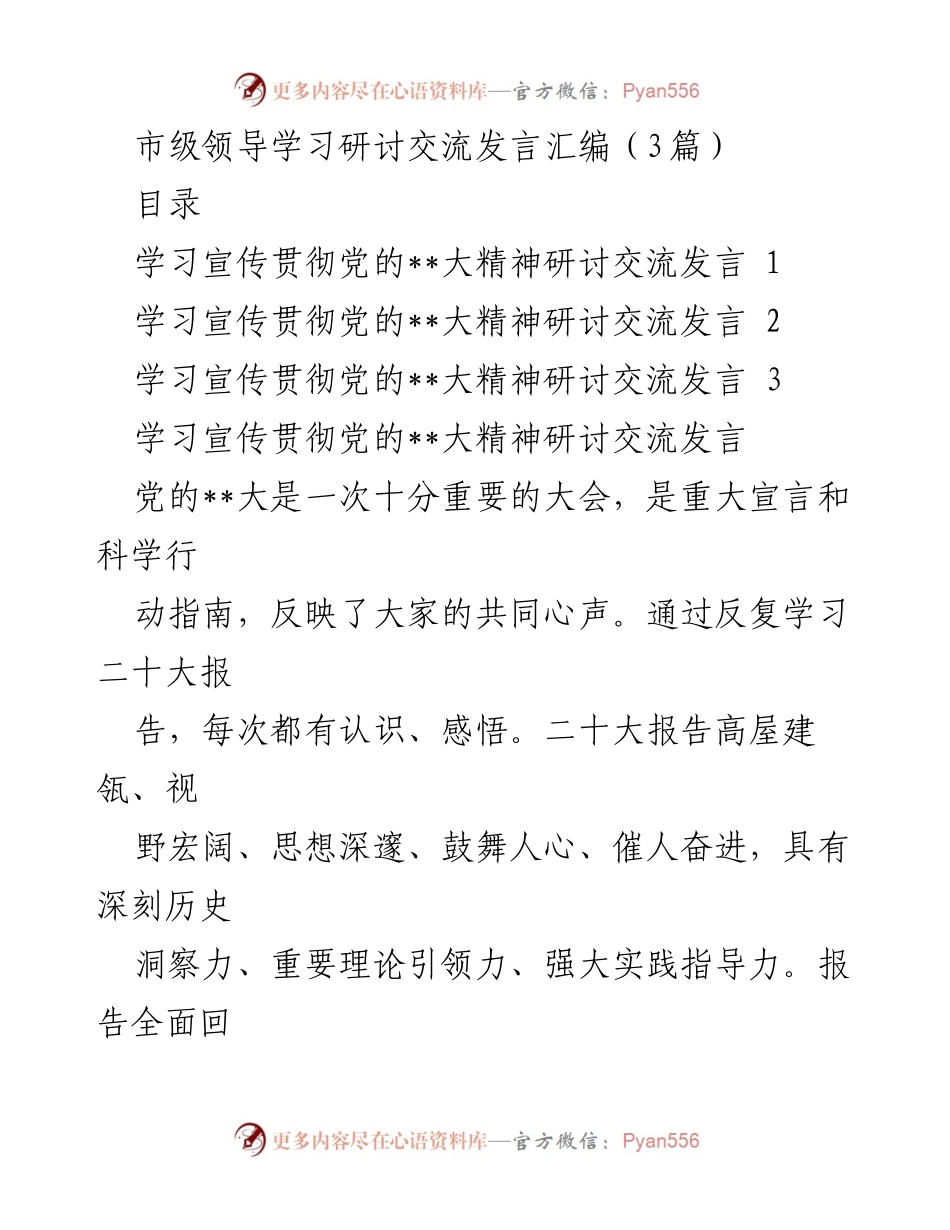 [发言] 市级领导学习研讨 - 学习宣传贯彻党的__大精神的交流与体会.docx_第1页