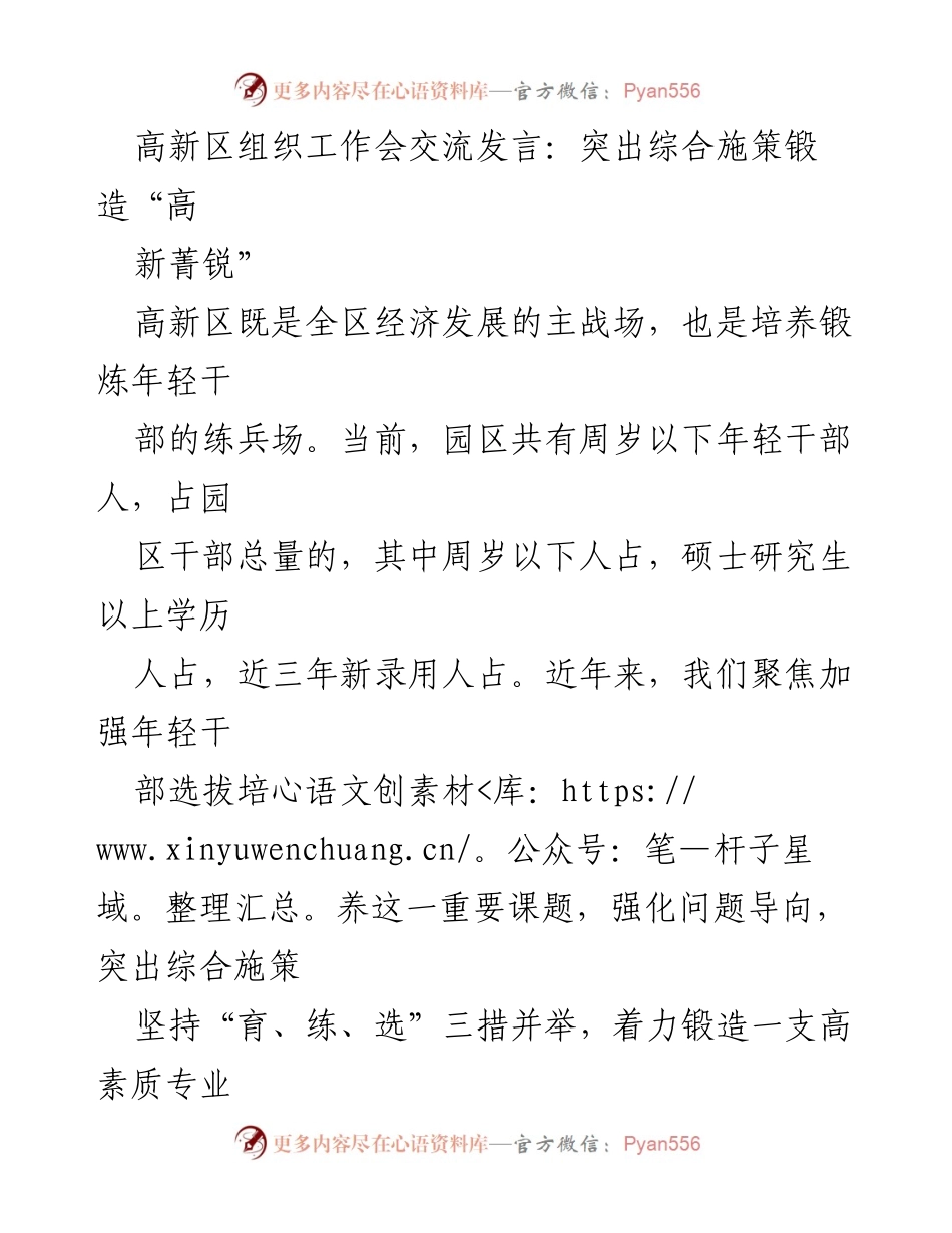 [发言] 工作会议 - 高新区年轻干部培养与锻炼的综合施策探讨.docx_第1页
