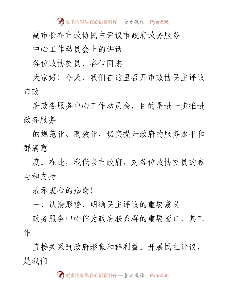 [发言] 市政协民主评议动员会 - 提升政务服务质量的民主评议重要性.docx_第1页