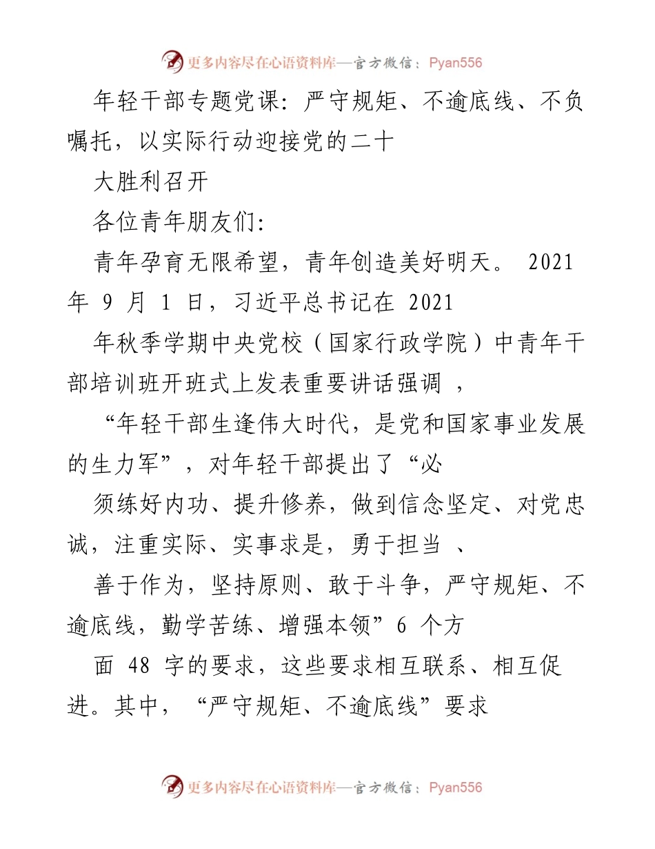 [发言] 年轻干部专题党课 - 年轻干部应严守规矩，以实际行动迎接党的二十大胜利召开.docx_第1页