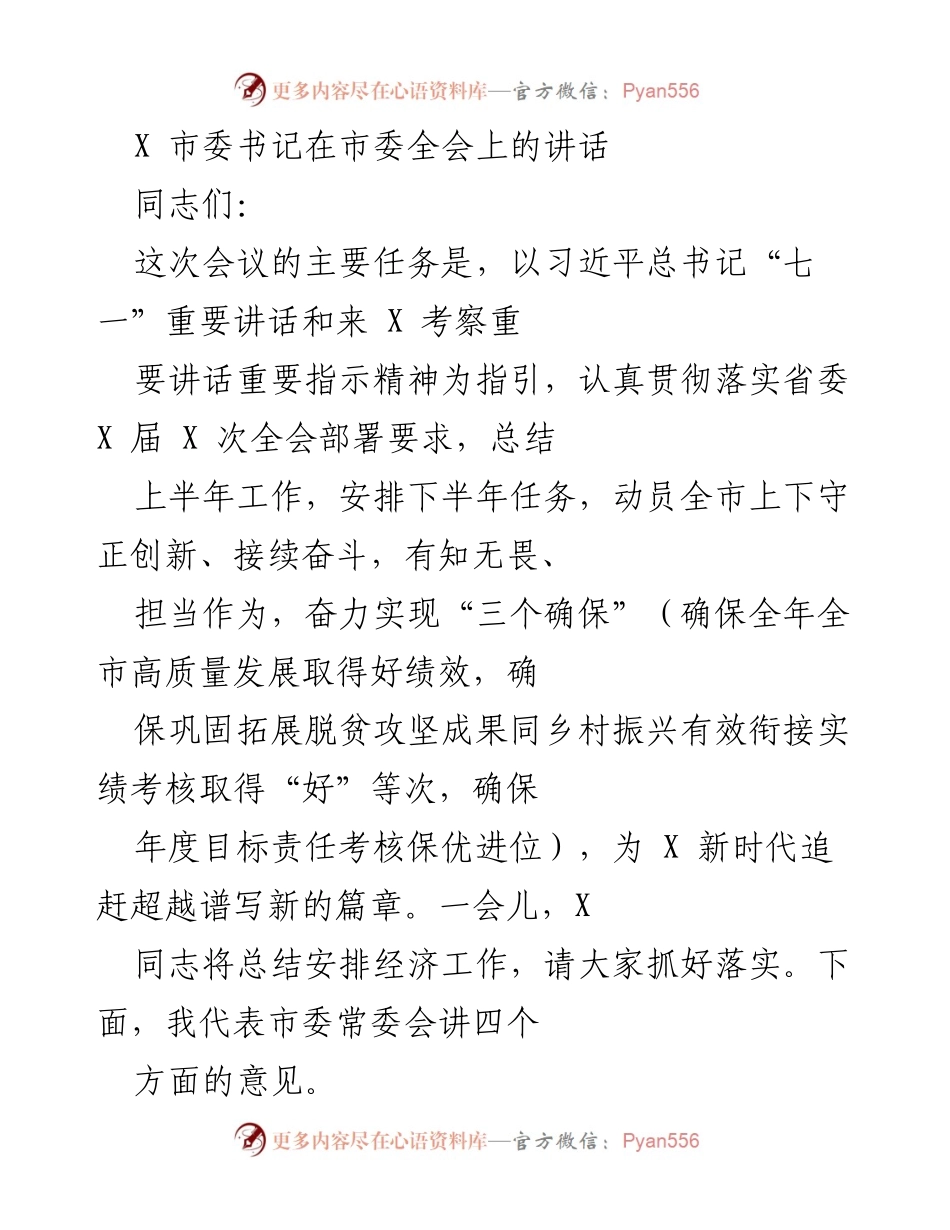 [发言] 市委全会 - 深入学习贯彻习近平总书记重要讲话精神，推动高质量发展与乡村振兴.docx_第1页