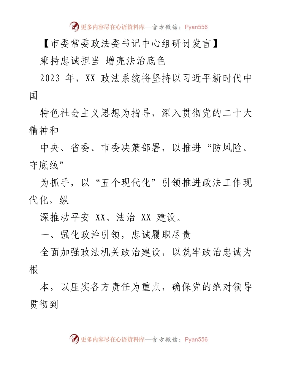 [发言] 市委常委政法委中心组研讨 - 忠诚担当，推动法治建设新局面.docx_第1页