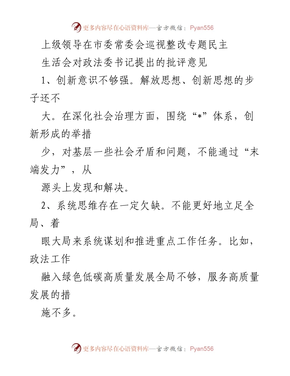 [发言] 市委常委会 - 政法委书记巡视整改专题民主生活会批评意见总结_1.docx_第1页
