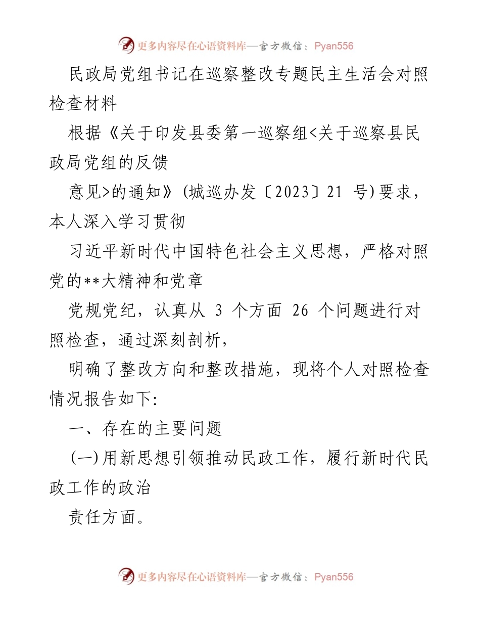 [发言] 巡察整改专题民主生活会 - 民政局党组书记对照检查材料总结.docx_第1页