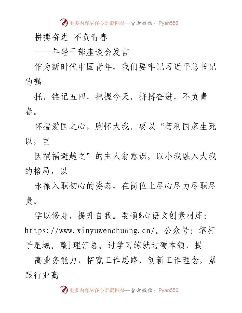 [发言] 年轻干部座谈会 - 青春拼搏，责任担当：新时代年轻干部的使命与追求.docx_第1页