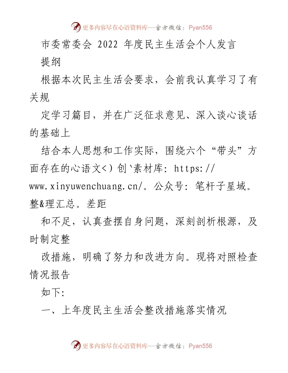 [发言] 市委常委会 2022 年度民主生活会 - 深入查摆问题，强化整改措施，提升政治意识.docx_第1页