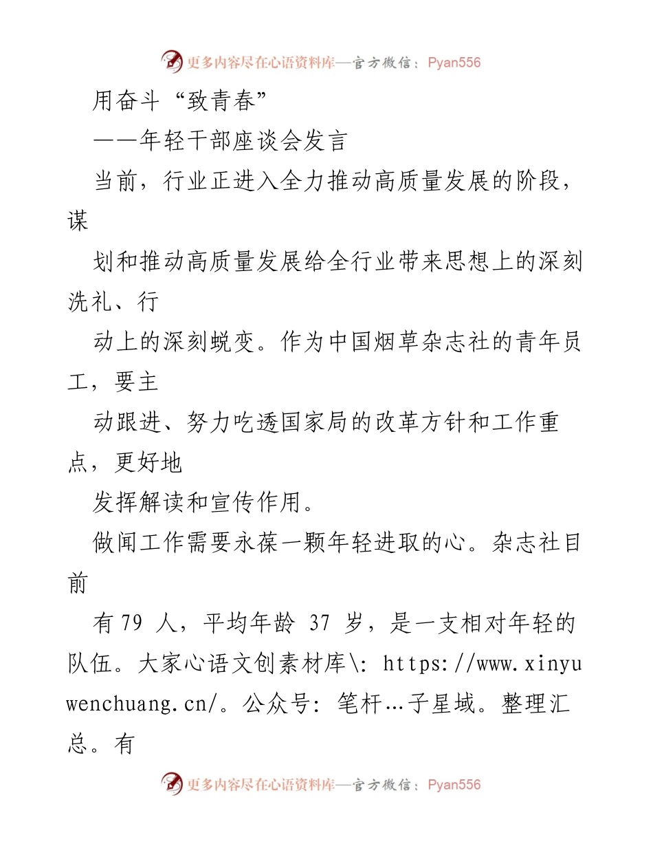 [发言] 年轻干部座谈会 - 奋斗青春：推动高质量发展的责任与使命.docx_第1页