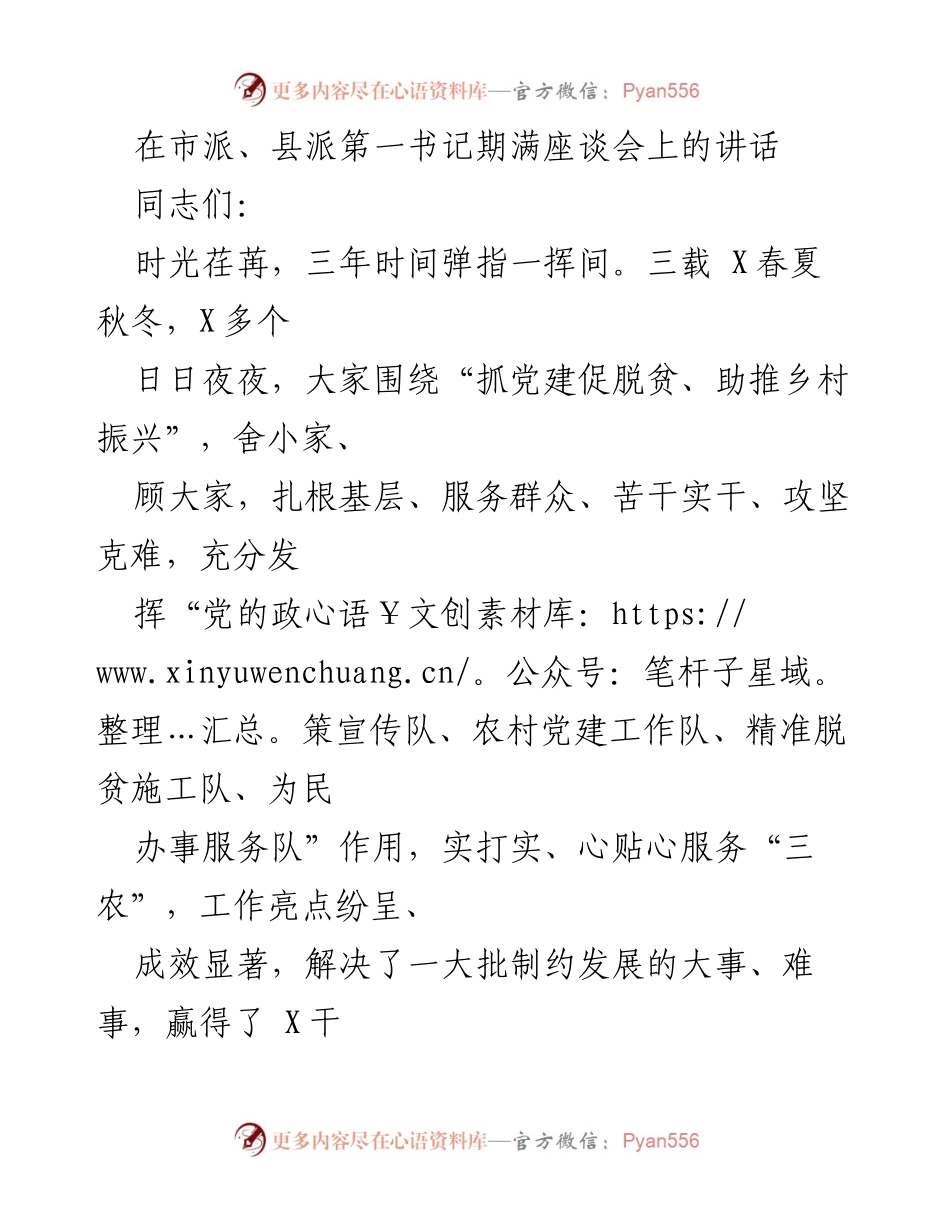 [发言] 市派、县派第一书记期满座谈会 - 表彰与展望：扎根基层助力乡村振兴的三年回顾.docx_第1页