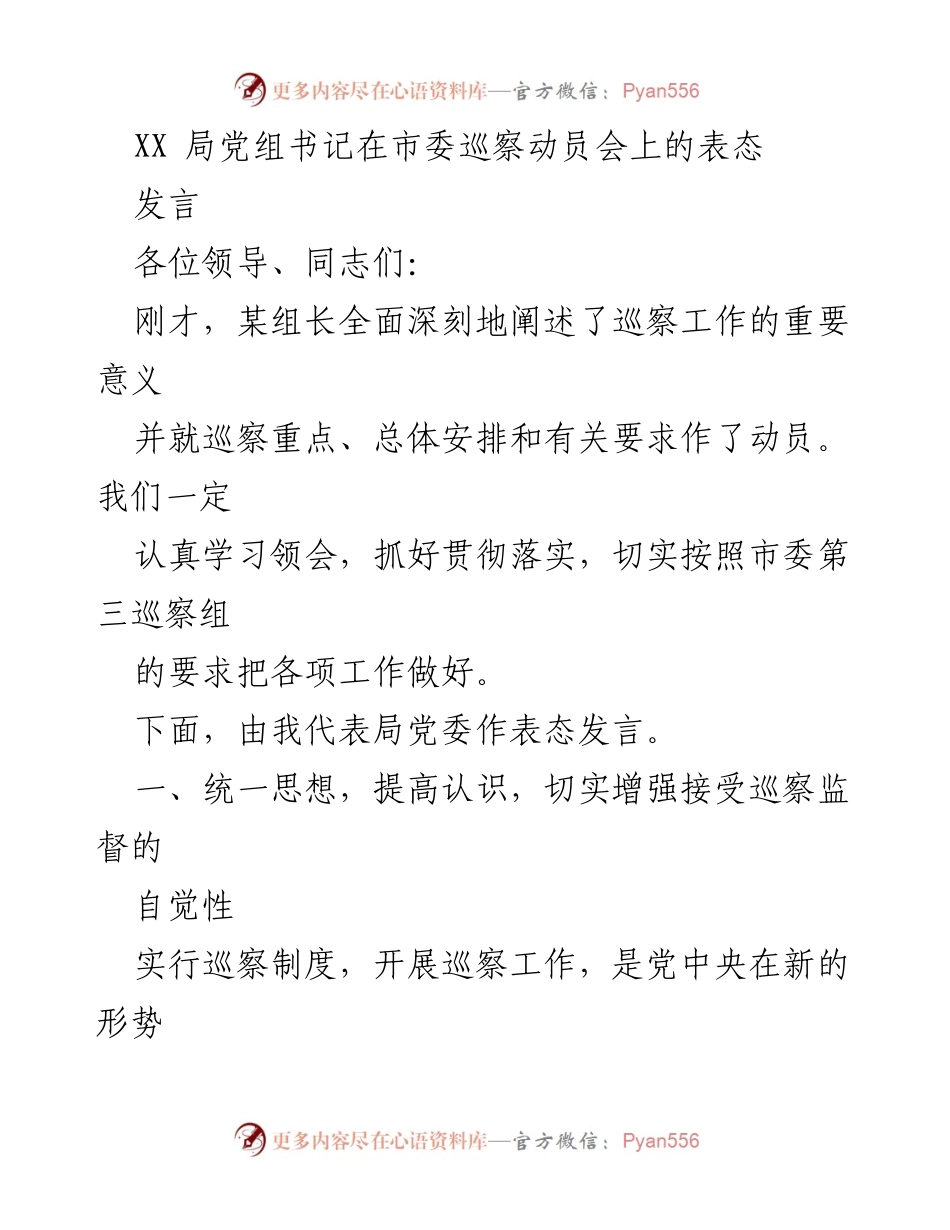 [发言] 市委巡察动员会 - 增强巡察意识，确保工作落实.docx_第1页