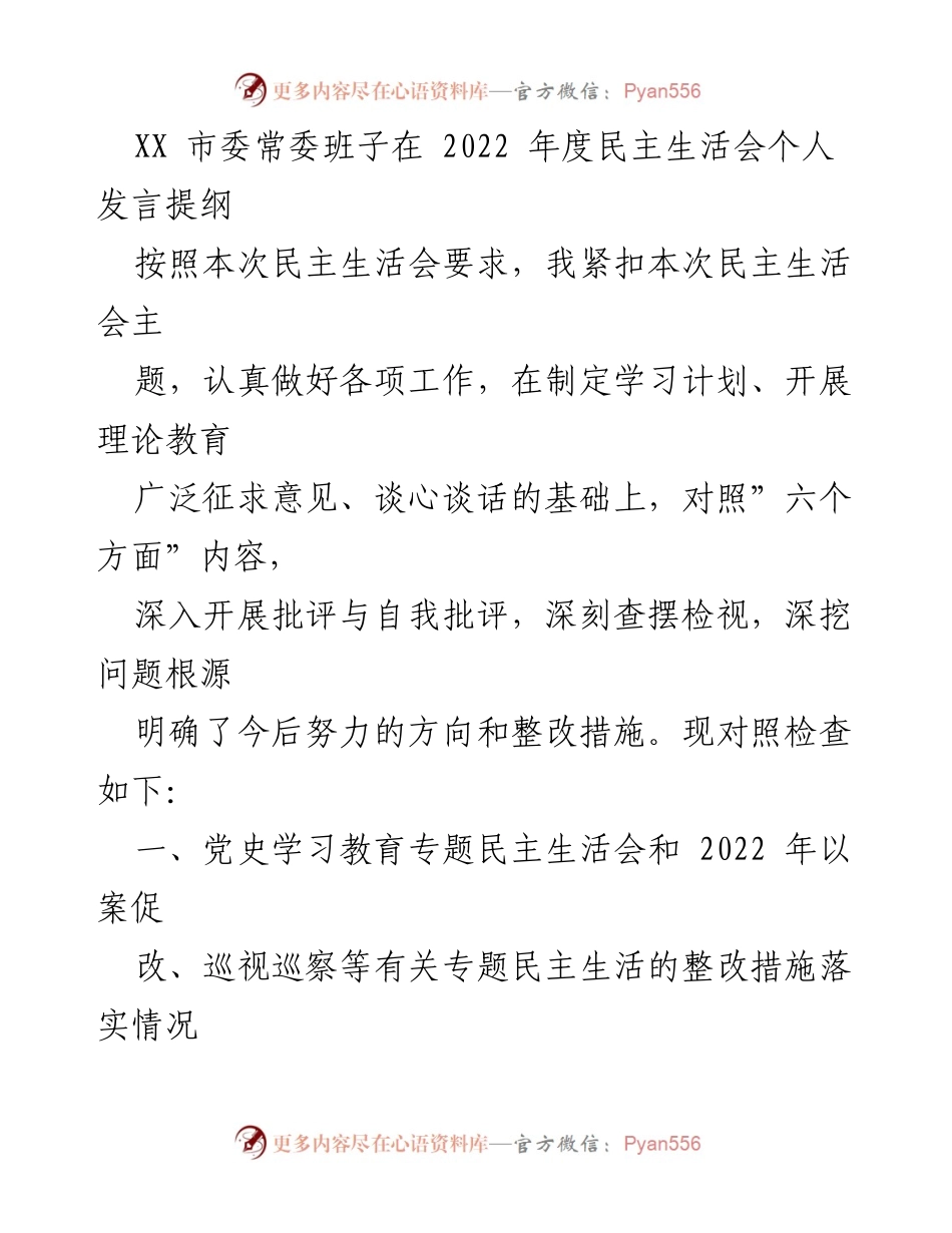[发言] 市委常委班子民主生活会 - 深入检视整改，强化政治意识与责任担当.docx_第1页