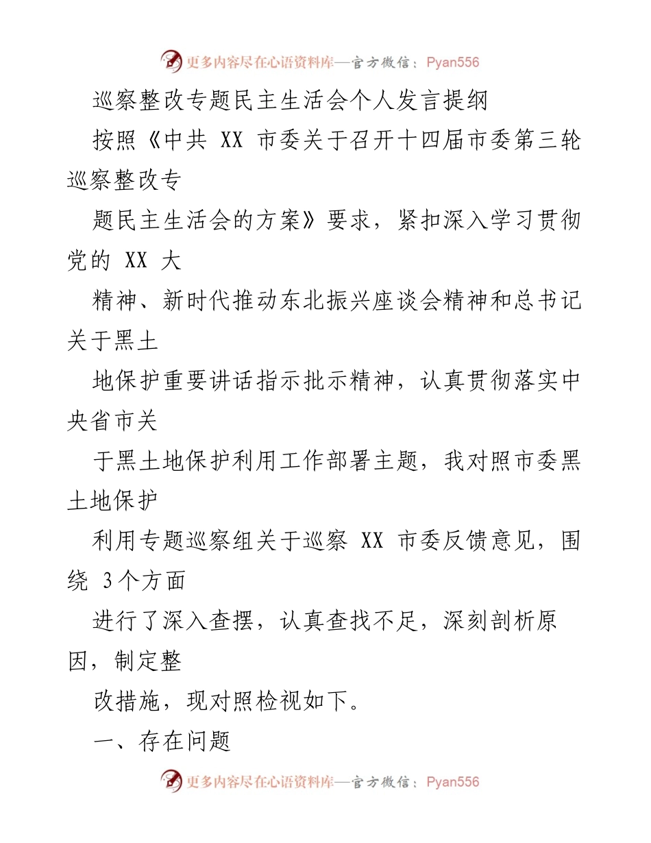 [发言] 巡察整改专题民主生活会 - 深入剖析黑土地保护工作中的不足与整改措施.docx_第1页