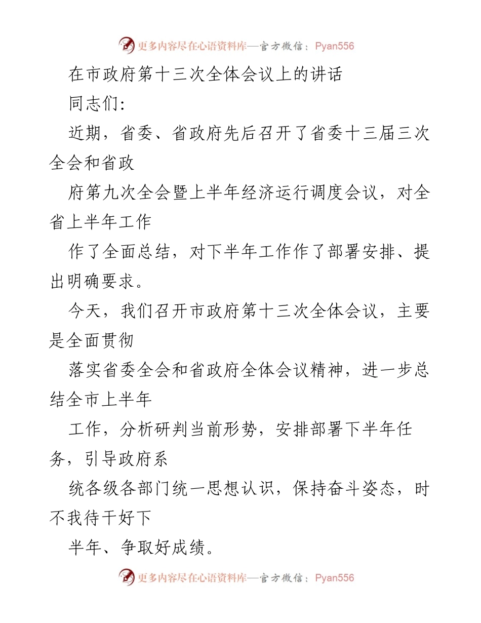 [发言] 市政府第十三次全体会议 - 加快高质量发展，全面总结上半年工作与下半年部署.docx_第1页