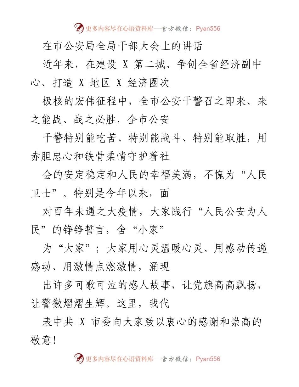 [发言] 市公安局全局干部大会 - 公安事业新征程：凝聚力量、守护稳定.docx_第1页