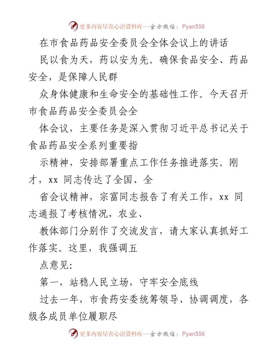 [发言] 市食品药品安全委员会全体会议 - 确保食品药品安全，守护人民健康.docx_第1页