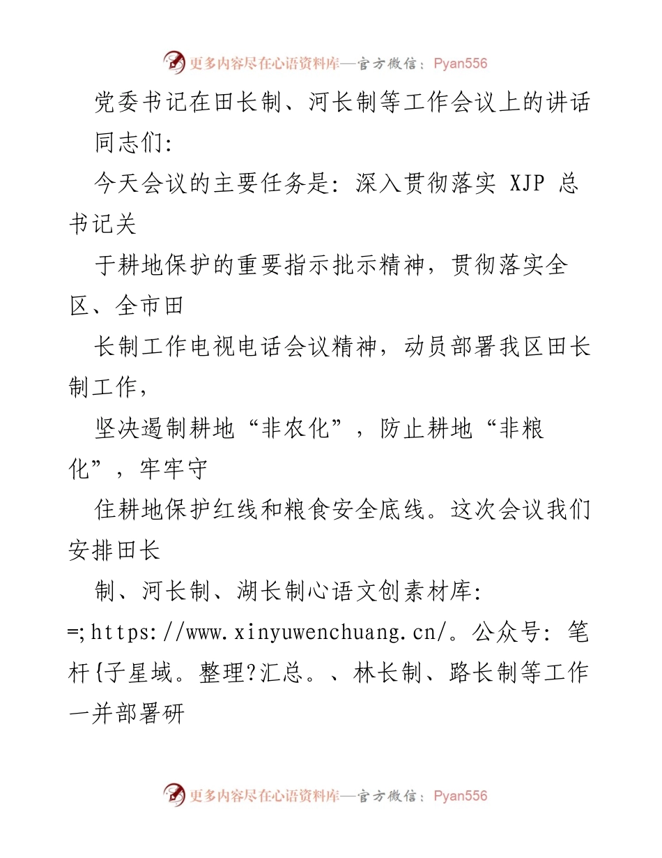 [发言] 工作会议 - 深入推进田长制工作，守护耕地保护红线.docx_第1页