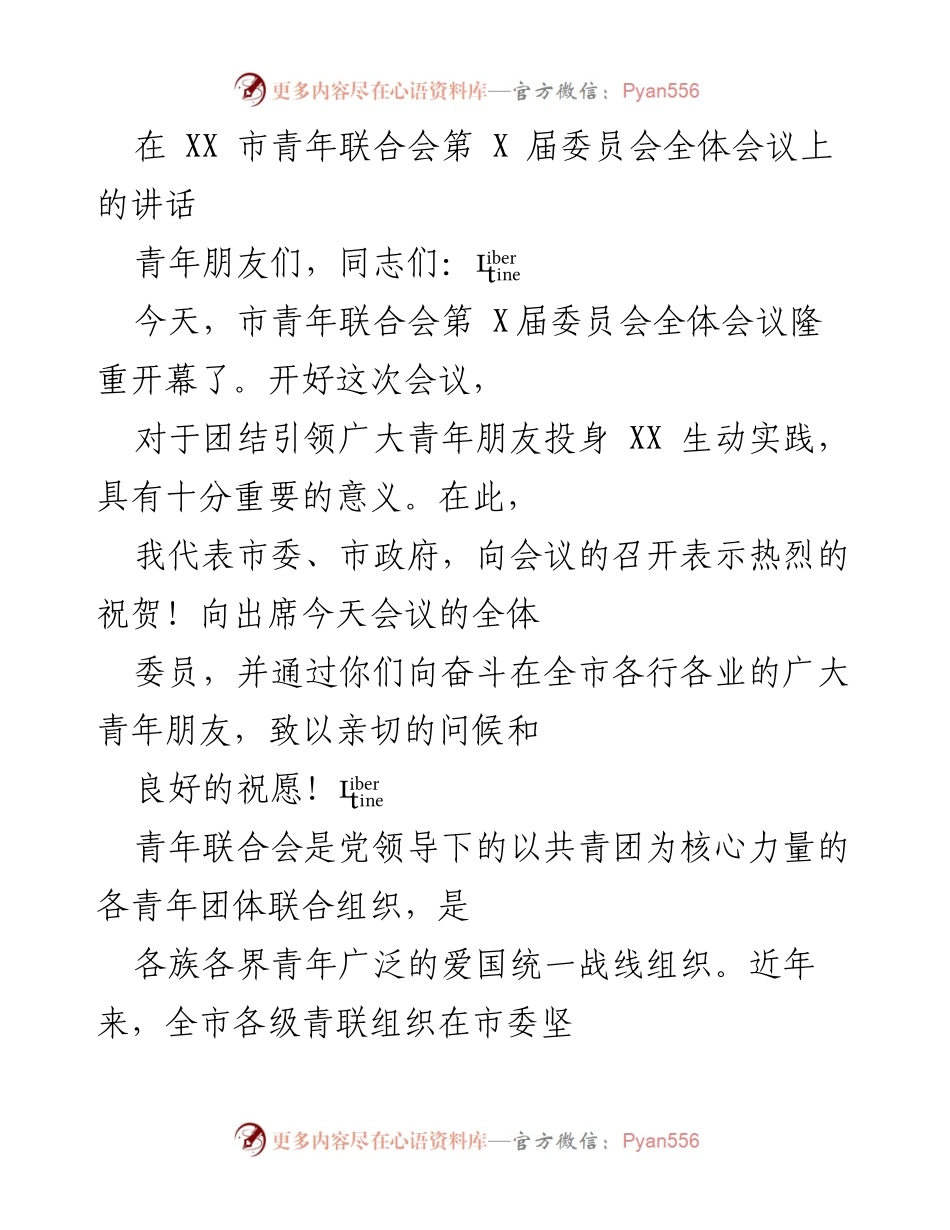 [发言] 市青年联合会全体会议 - 青年使命与奋斗：在市青年联合会第X届委员会全体会议上的讲话.docx_第1页