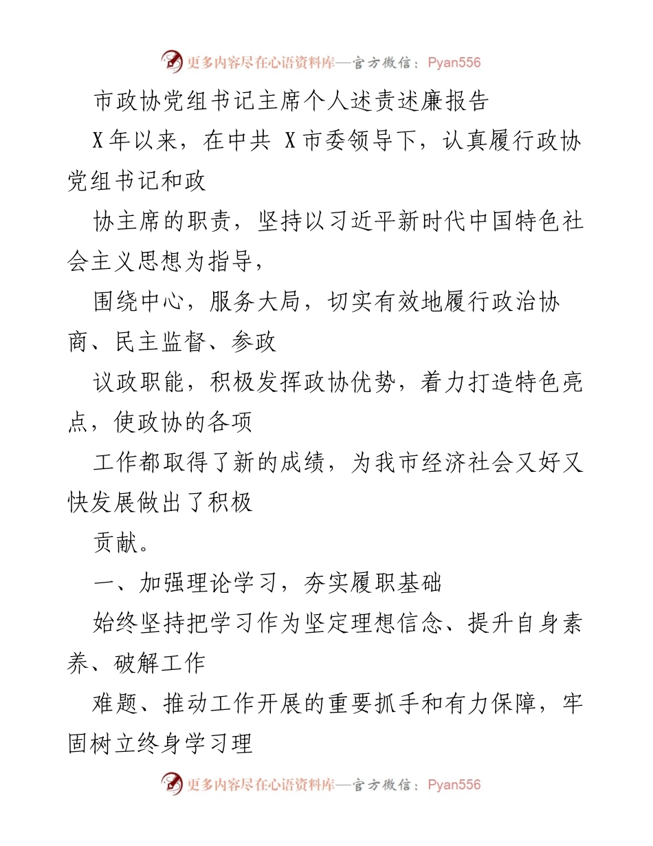 [发言] 市政协工作会议 - 市政协党组书记主席个人述责述廉报告.docx_第1页