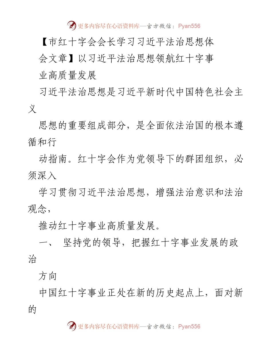 [发言] 市红十字会学习会议 - 深入学习习近平法治思想，推动红十字事业高质量发展.docx_第1页