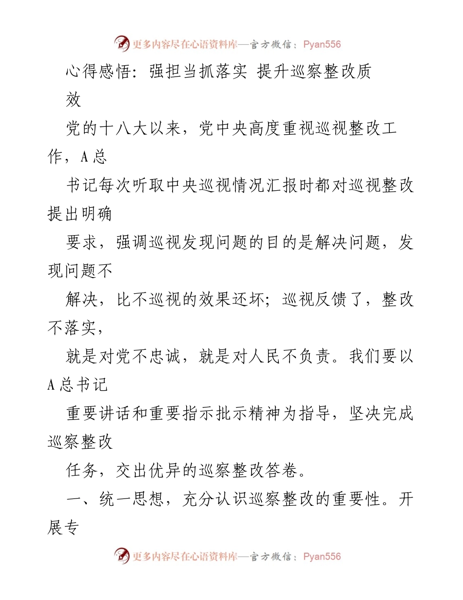 [发言] 巡察整改工作会议 - 强担当抓落实 提升巡察整改质量与效果.docx_第1页