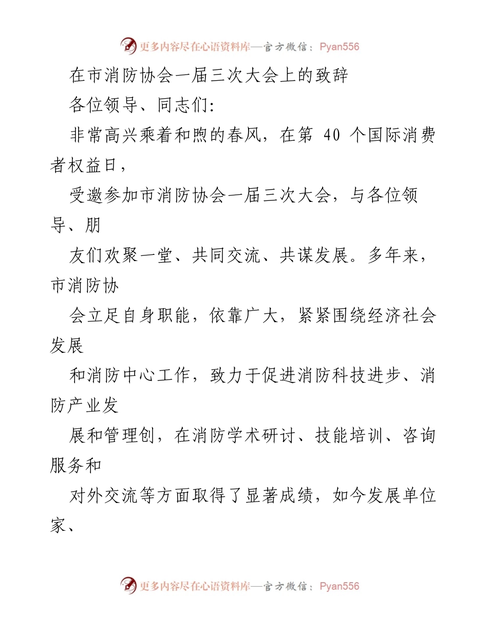 [发言] 市消防协会一届三次大会 - 加强消防协会工作，共促消防事业发展.docx_第1页