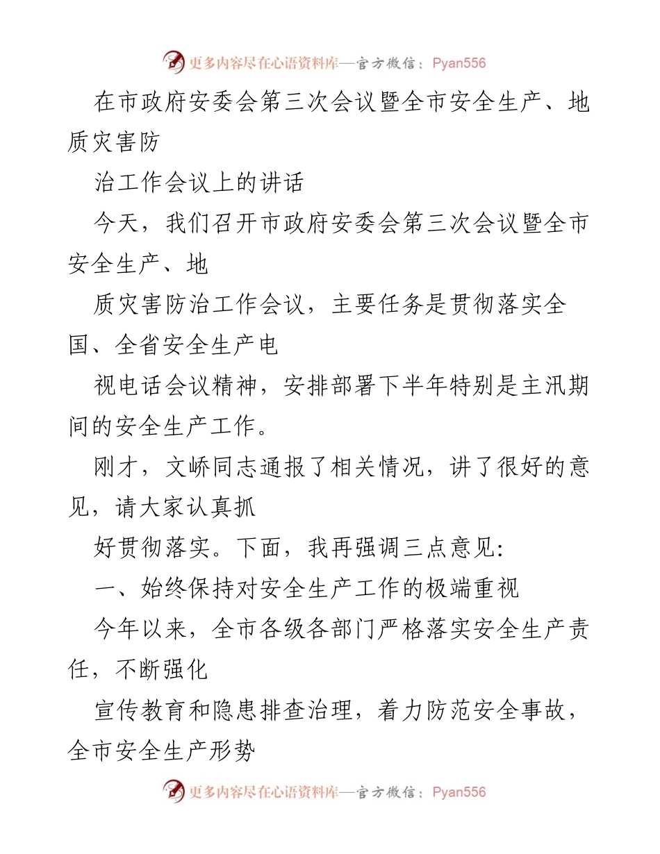 [发言] 市政府安委会第三次会议 - 强化安全生产责任，确保安全形势稳定.docx_第1页