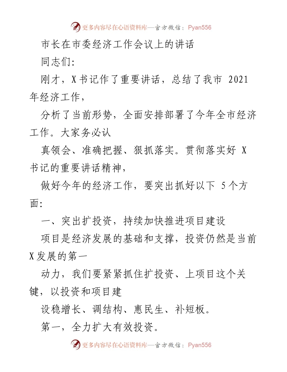 [发言] 市委经济工作会议 - 市长讲话：抓投资促发展，推动经济高质量增长.docx_第1页