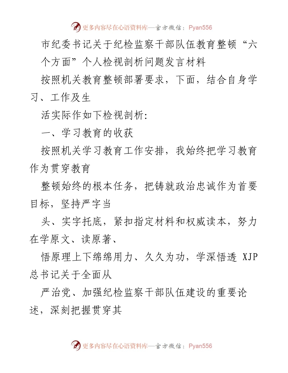 [发言] 市纪委会议 - 纪检监察干部队伍教育整顿个人检视与剖析发言材料.docx_第1页