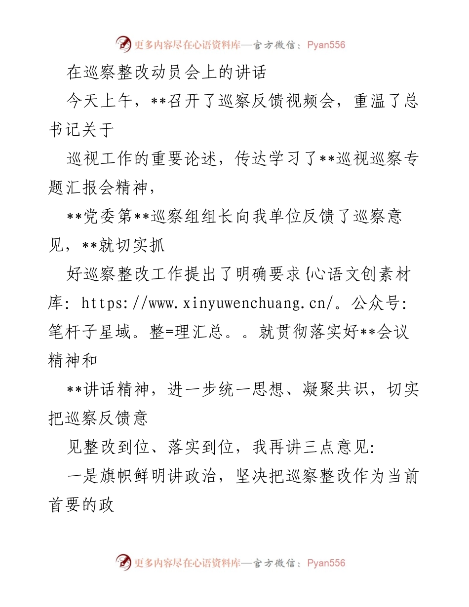 [发言] 巡察整改动员会 - 强化政治担当，确保巡察整改落到实处.docx_第1页