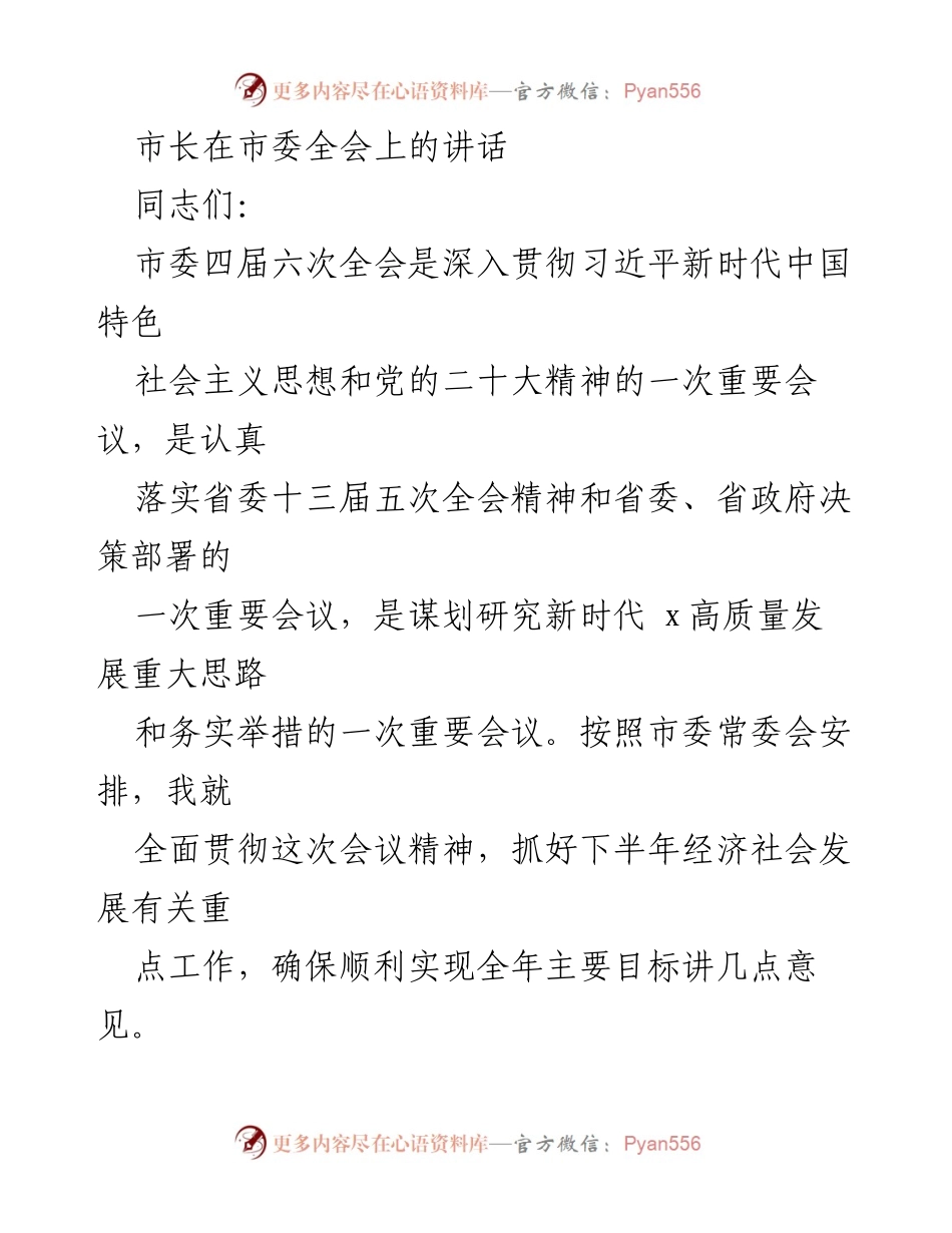 [发言] 市委全会 - 市长讲话：推动高质量发展，确保经济社会稳步增长.docx_第1页