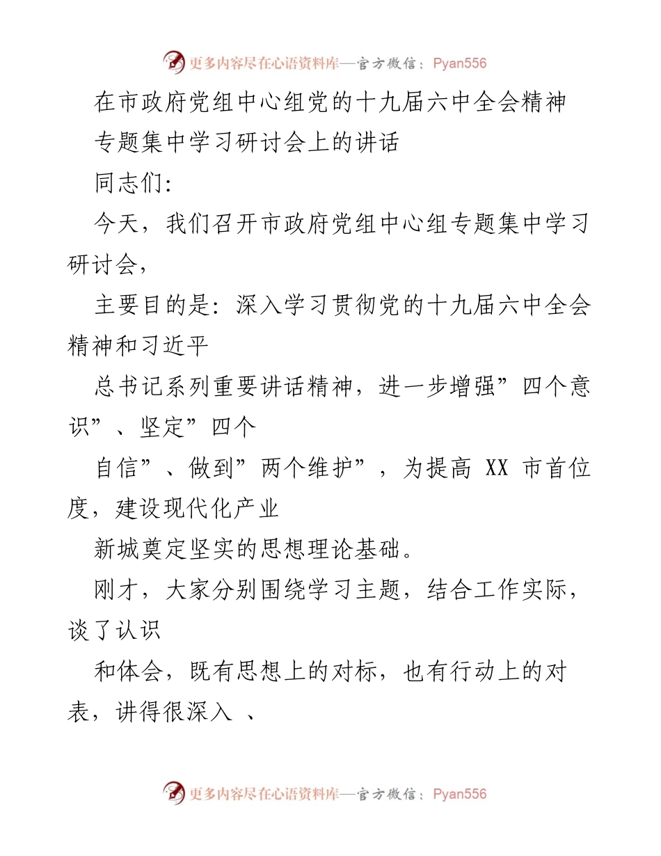[发言] 市政府党组中心组专题学习研讨会 - 深入学习贯彻党的十九届六中全会精神的重要性.docx_第1页