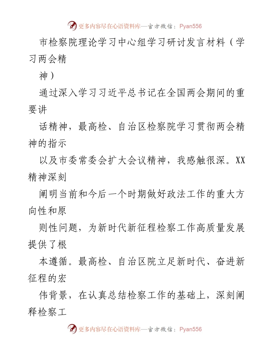 [发言] 市检察院理论学习中心组 - 深入学习两会精神，推动检察工作高质量发展.docx_第1页